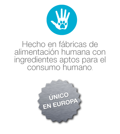 Hecho en fábricas de alimentación humana con ingredientes aptos para el consumo humano. Único en europa..